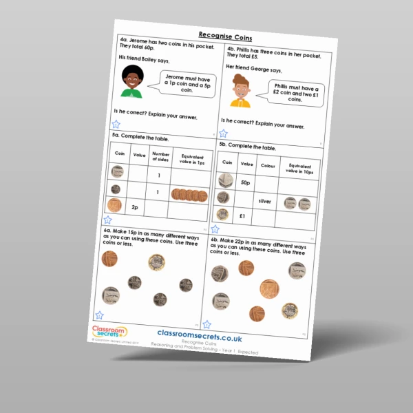 An image of the Recognise Coins Reasoning and Problem Solving Resource