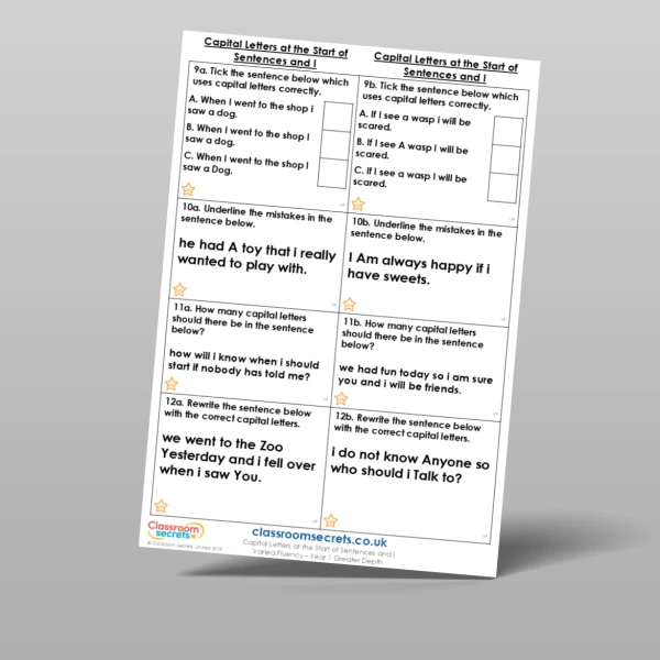 An image of the Capital Letters at the Start of Sentences and I Varied Fluency Resource