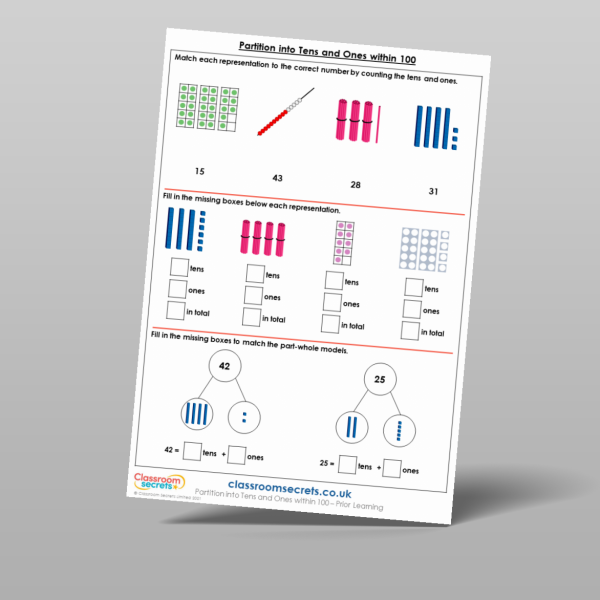 Year 1 Partition Into Tens And Ones Within 100 Prior Learning Resource ...
