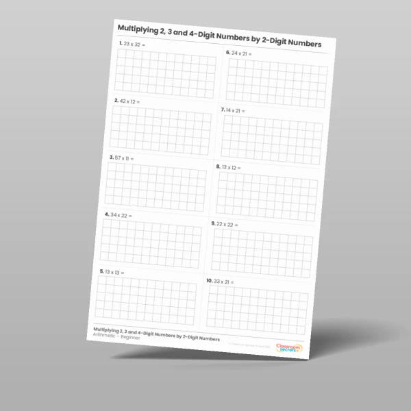 An image of the Multiplying 2, 3 and 4-Digit Numbers by 2-Digit Numbers Arithmetic Test Resource