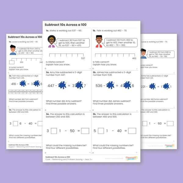 Year 3 Subtract 10s Across a 100 Addition and Subtraction Reasoning and Problem Solving