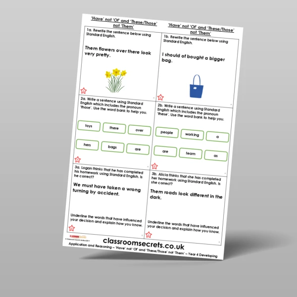 An image of the 'Have' not 'Of' and 'These/Those' not 'Them' Application and Reasoning Resource