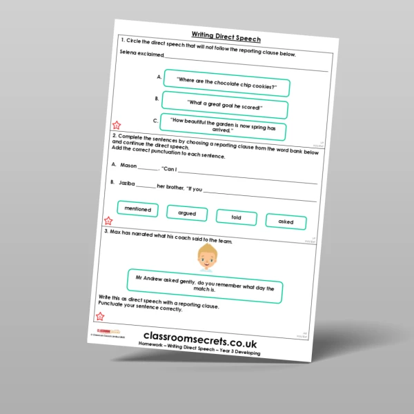 An image of the Writing Direct Speech Homework Resource