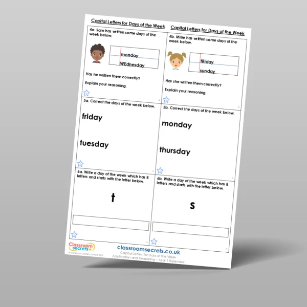 An image of the Capital Letters for Days of the Week Application and Reasoning Resource