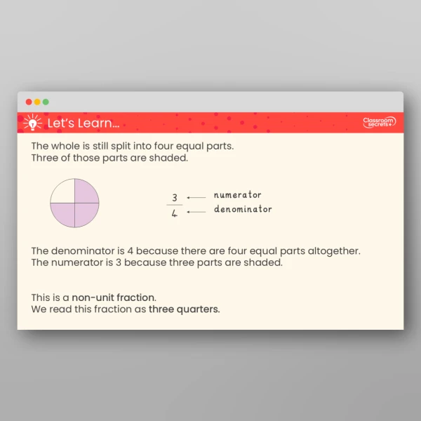 An image of the Recognise Three Quarters Teaching PPT Resource