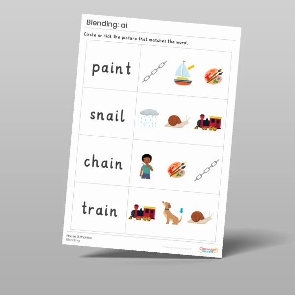 An image of the Phonics Blending Activities: ai Resource