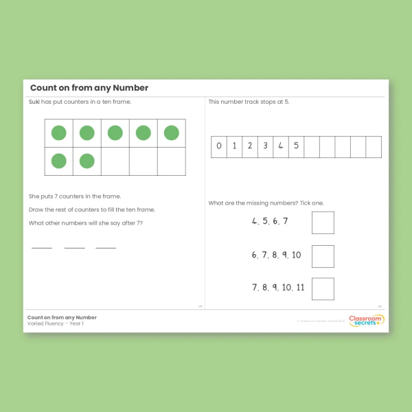 Year 1 Count on from any Number Place Value within 10 Varied Fluency