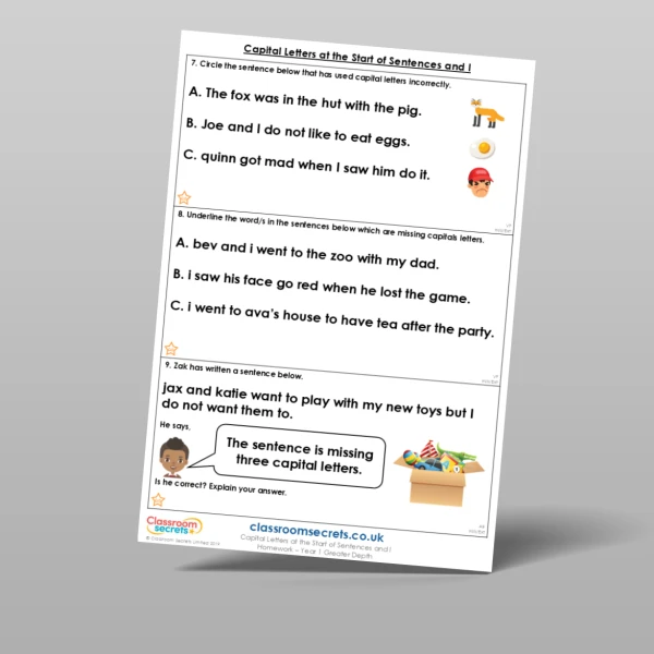 An image of the Capital Letters at the Start of Sentences and I Homework Resource