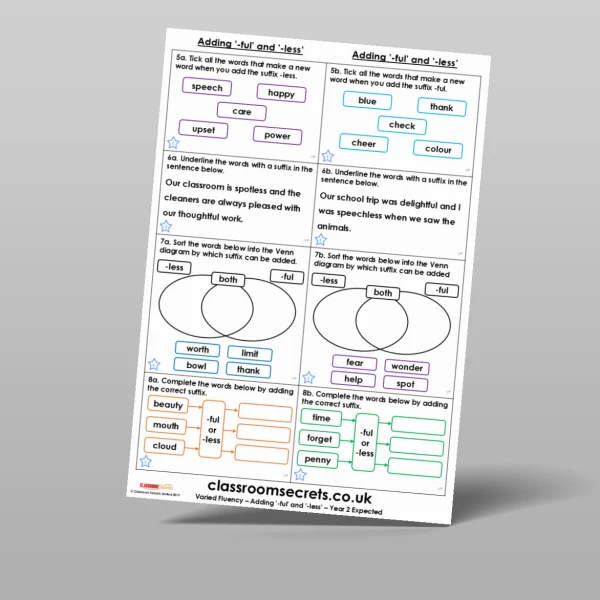 An image of the Adding '-ful' and '-less' Varied Fluency Resource