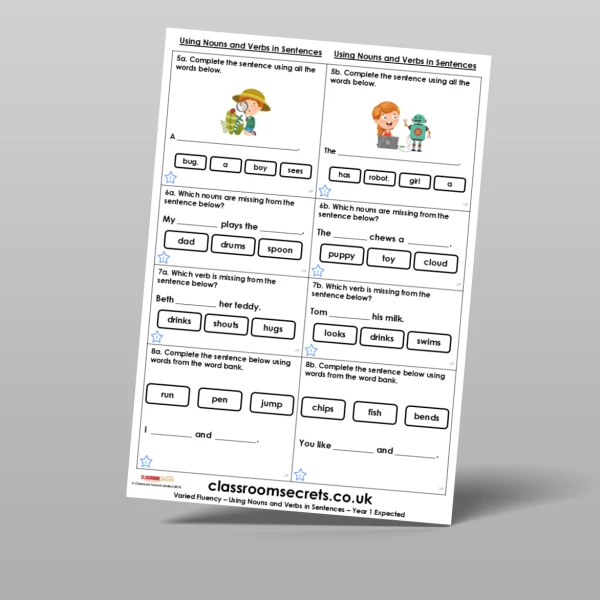An image of the Using Nouns and Verbs in Sentences Varied Fluency Resource