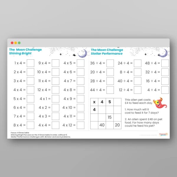 An image of the Challenge 5 The Moon 4 Times Tables Resource