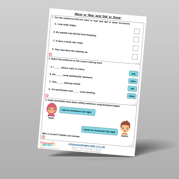 An image of the Free 'Were' or 'Was' and 'Did' or 'Done' Homework Resource