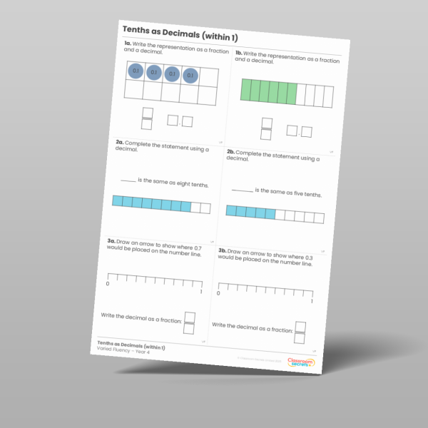 Year 4 Tenths As Decimals Within 1 Varied Fluency Resource | Classroom ...