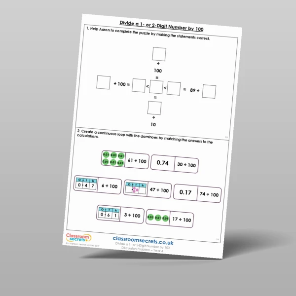An image of the Divide a 1 or 2-Digit Number by 100 Discussion Problem Resource