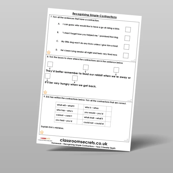 An image of the Free Recognising Simple Contractions Homework Resource