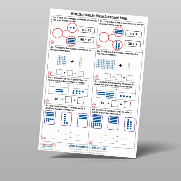 An image of the Write Numbers to 100 in Expanded Form Varied Fluency Resource