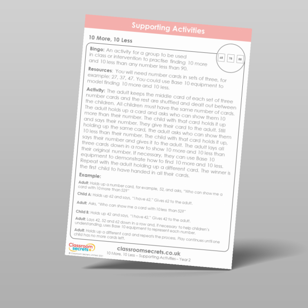 Year 2 10 More 10 Less Supporting Activity Resource | Classroom Secrets