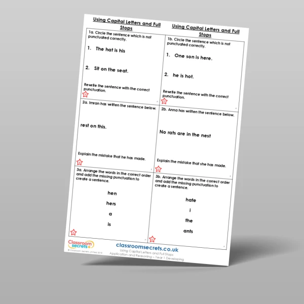 An image of the Using Capital Letters and Full Stops Application and Reasoning Resource