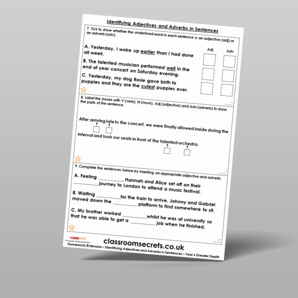 An image of the Identifying Adjectives and Adverbs Homework Resource
