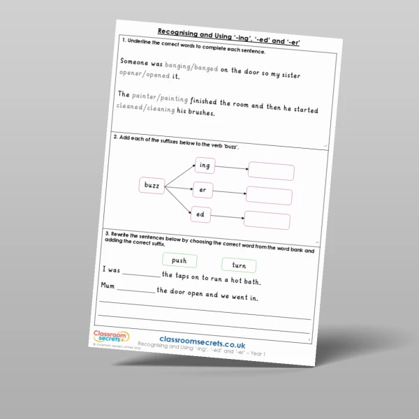An image of the Reasoning and Using '-ing', '-ed' and '-er' Mixed Activity Resource