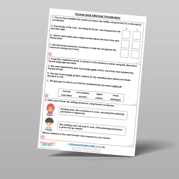 An image of the Formal and Informal Vocabulary Homework Resource