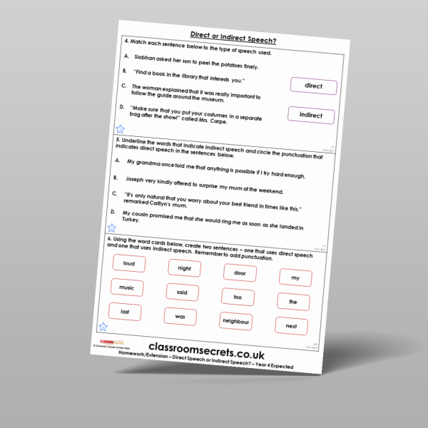 Year 4 Direct Or Indirect Speech Homework Resource | Classroom Secrets