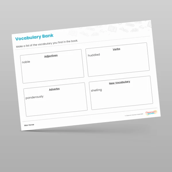 An image of the War Horse Writing Unit Vocabulary Bank Resource