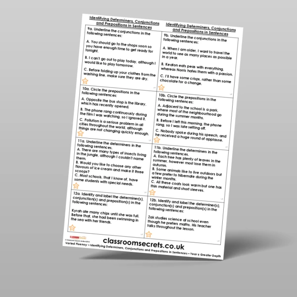 An image of the Identifying Determiners, Conjunctions and Prepositions in Sentences Varied Fluency Resource