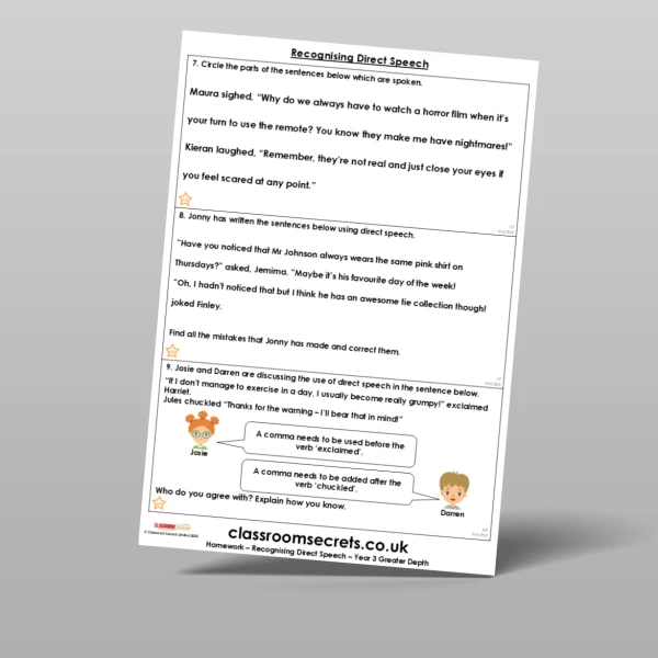 An image of the Free Recognising Direct Speech Homework Resource