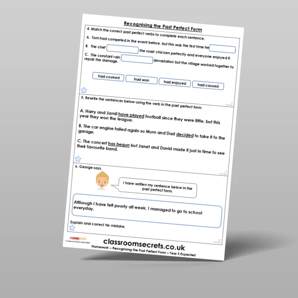 An image of the Recognising the Past Perfect Form Homework Resource