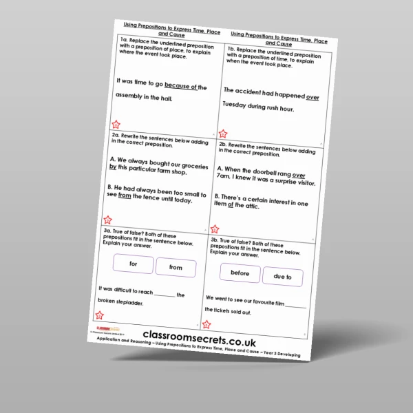 An image of the Using Prepositions to Express Time, Place and Cause Application and Reasoning Resource
