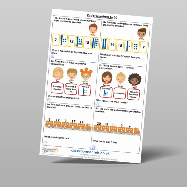 An image of the Order Numbers to 20 Reasoning and Problem Solving Resource
