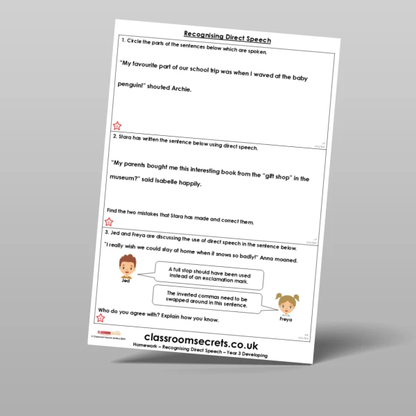 An image of the Free Recognising Direct Speech Homework Resource