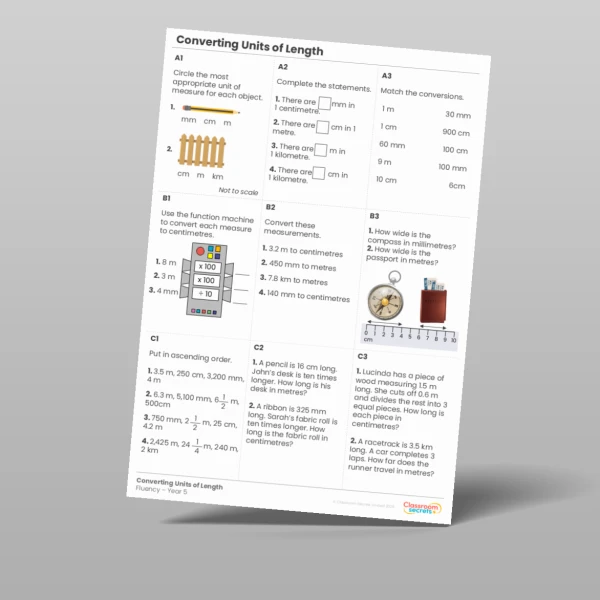 An image of the Converting Units of Length Fluency Matrix Resource
