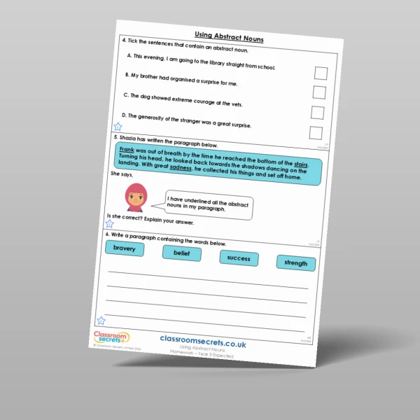 An image of the Using Abstract Nouns Homework Resource