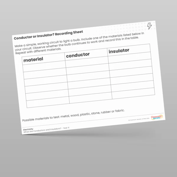 An image of the Conductor or Insulator? Recording Worksheet Resource