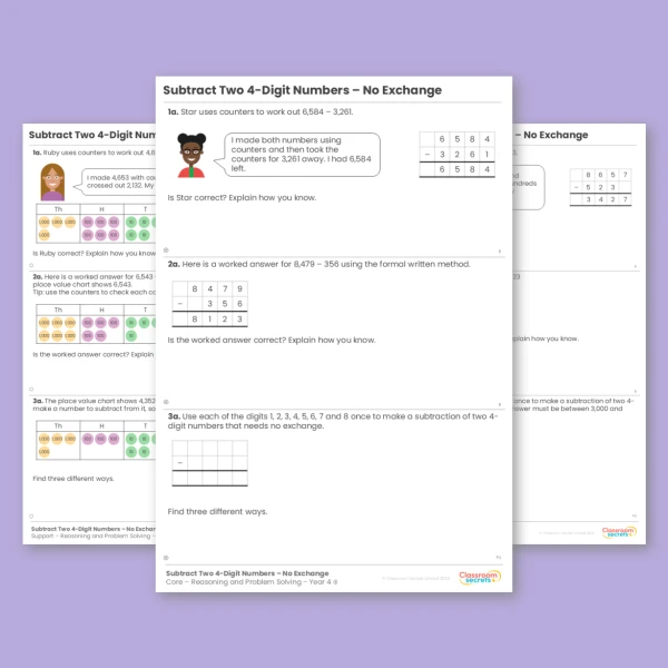 Year 4 Subtract Two 4-Digit Numbers - No Exchange Addition and Subtraction Reasoning and Problem Solving