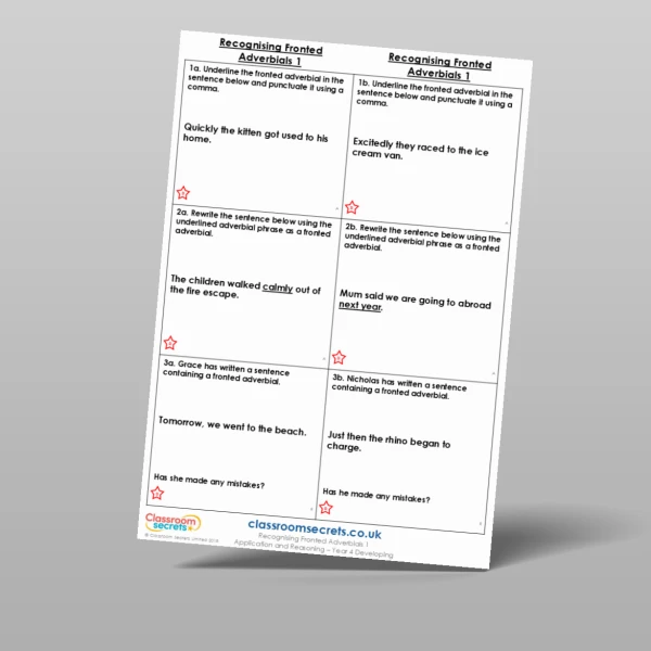 An image of the Recognising Fronted Adverbials 1 Application and Reasoning Resource