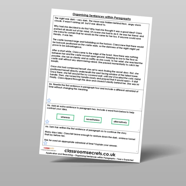 An image of the Organising Sentences within Paragraphs Application and Reasoning Resource