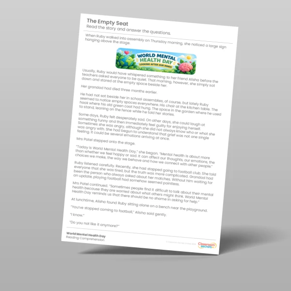 An image of the World Mental Health Day Reading Comprehension Resource