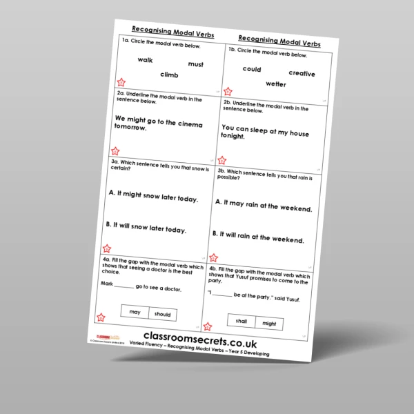 An image of the Free Recognising Modal Verbs Varied Fluency Resource