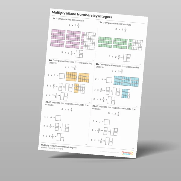 An image of the Multiply Mixed Numbers by Integers Varied Fluency Resource