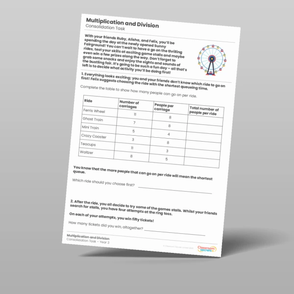 An image of the Multiplication and Division Consolidation Task Resource