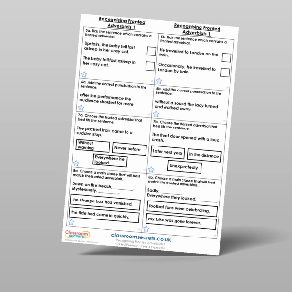 An image of the Recognising Fronted Adverbials 1 Varied Fluency Resource