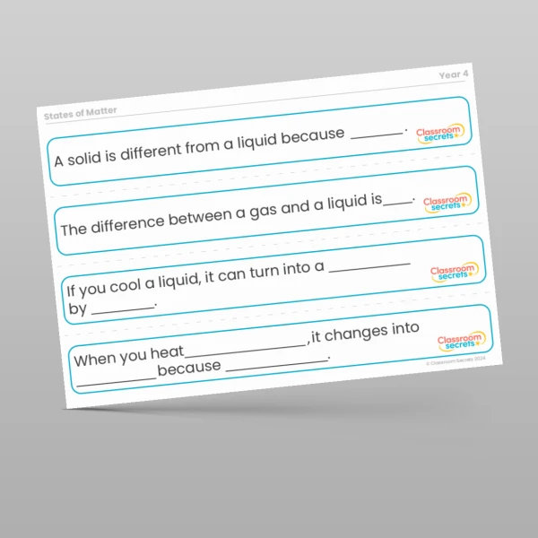 An image of the States of Matter Stem Sentences Resource