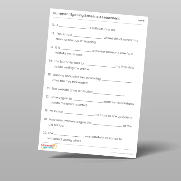 An image of the Summer 1 Baseline Assessment Resource