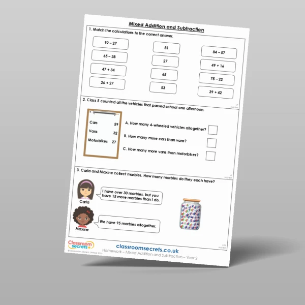 An image of the Mixed Addition and Subtraction Homework Resource