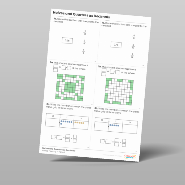 Year 4 Halves And Quarters As Decimals Varied Fluency 2 Resource ...