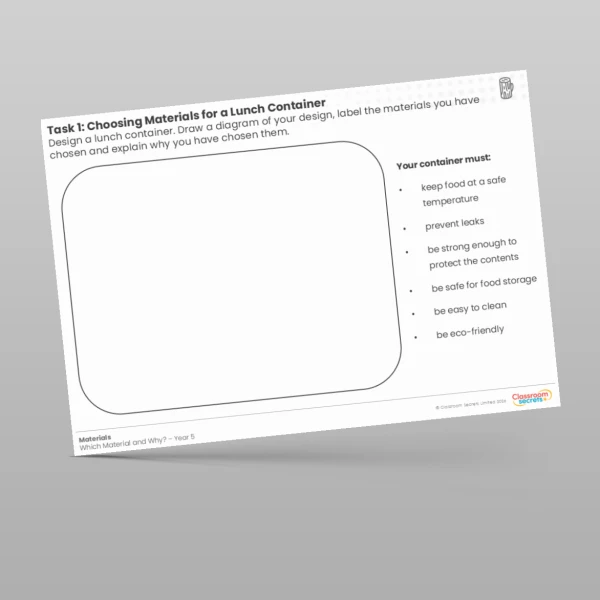 An image of the Lesson 4 Choosing Materials for a Lunch Container Worksheet Resource