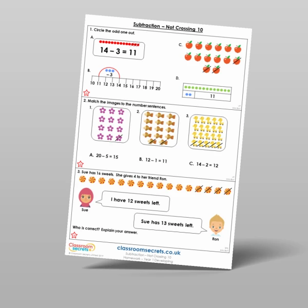 An image of the Subtraction - Not Crossing 10 Homework Resource